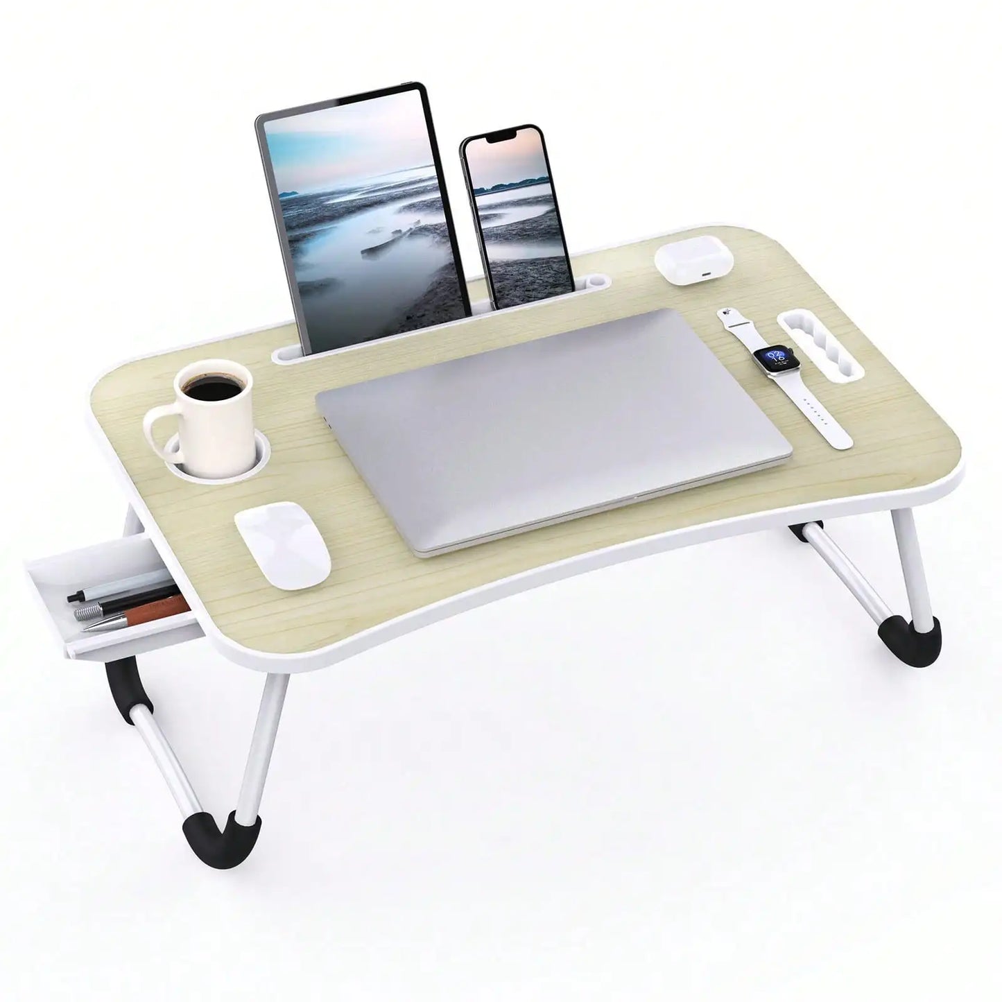 Folding Laptop Lap Desk With Side Storage Drawer Portable Ergonomic Bed Tray Lightweight Lap Table For Bedroom Study Reading Breakfast Outdoor Picnic Indoor Office Multi Purpose Use