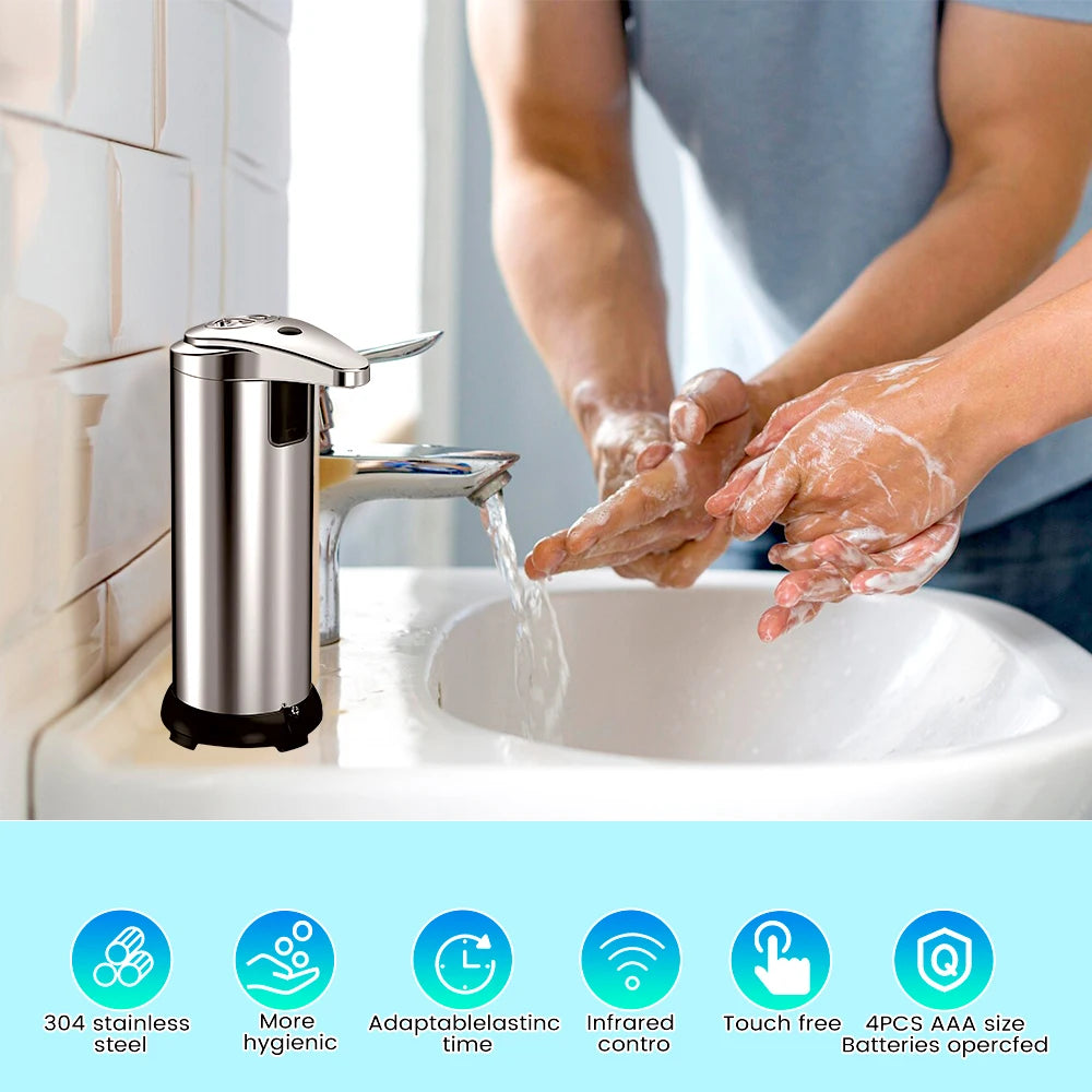 Touchless Automatic Soap Dispenser 304 Stainless Steel Infrared Sensor Liquid Dispenser Adjustable Soap Output Anti Bacterial for Bathroom Kitchen Hotel Home