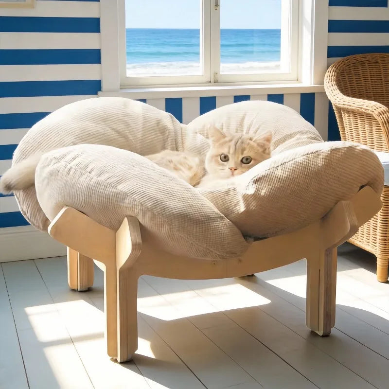 Three-Color Wooden High Leg Cat Bed With Soft Cushion