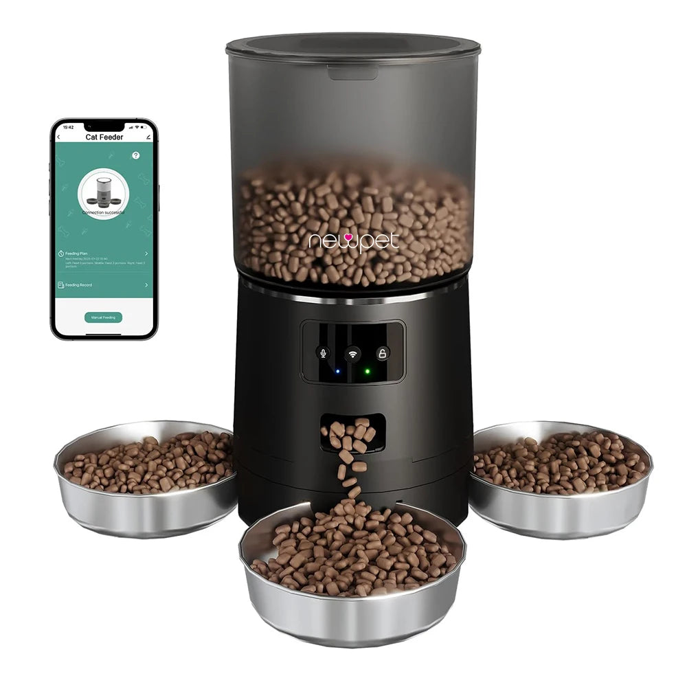 6L Pet Feeder with 3 Bowl Automatic Cat Feeder Smart Dog Food Dispenser WiFi Timing Quantitative Stainless Steel Feeding