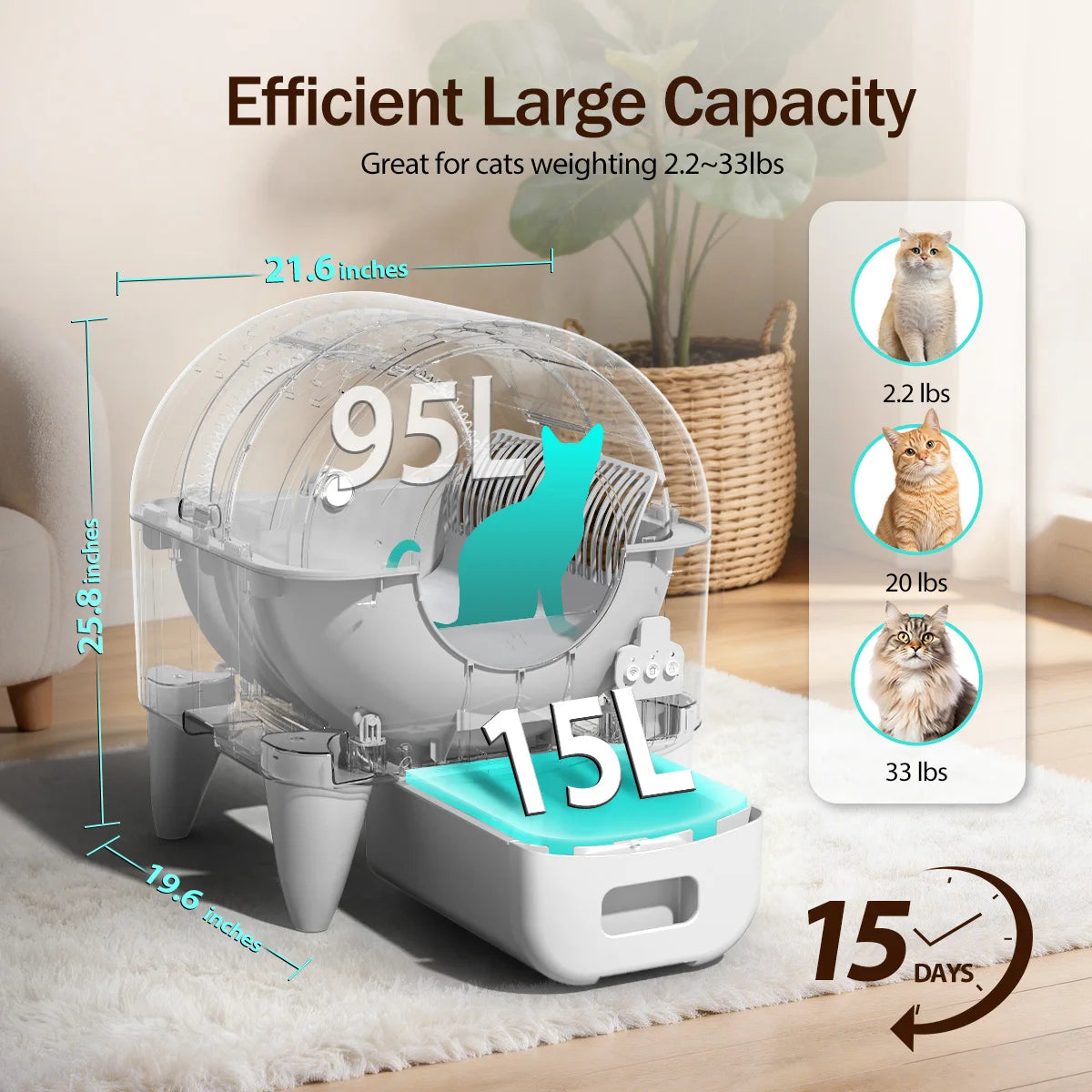 95L Automatic Smart Cat Litter Box Self Cleaning Fully Enclosed Cat Litter Box Toilet Litter Tray with 2 Free Trash Bag Rolls