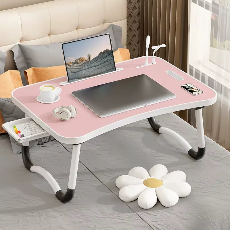 Large Laptop Bed Desk with Cup Holder & USB Fan/Light - Portable Folding Table for Eating, Reading, Sofa, Stable Tray