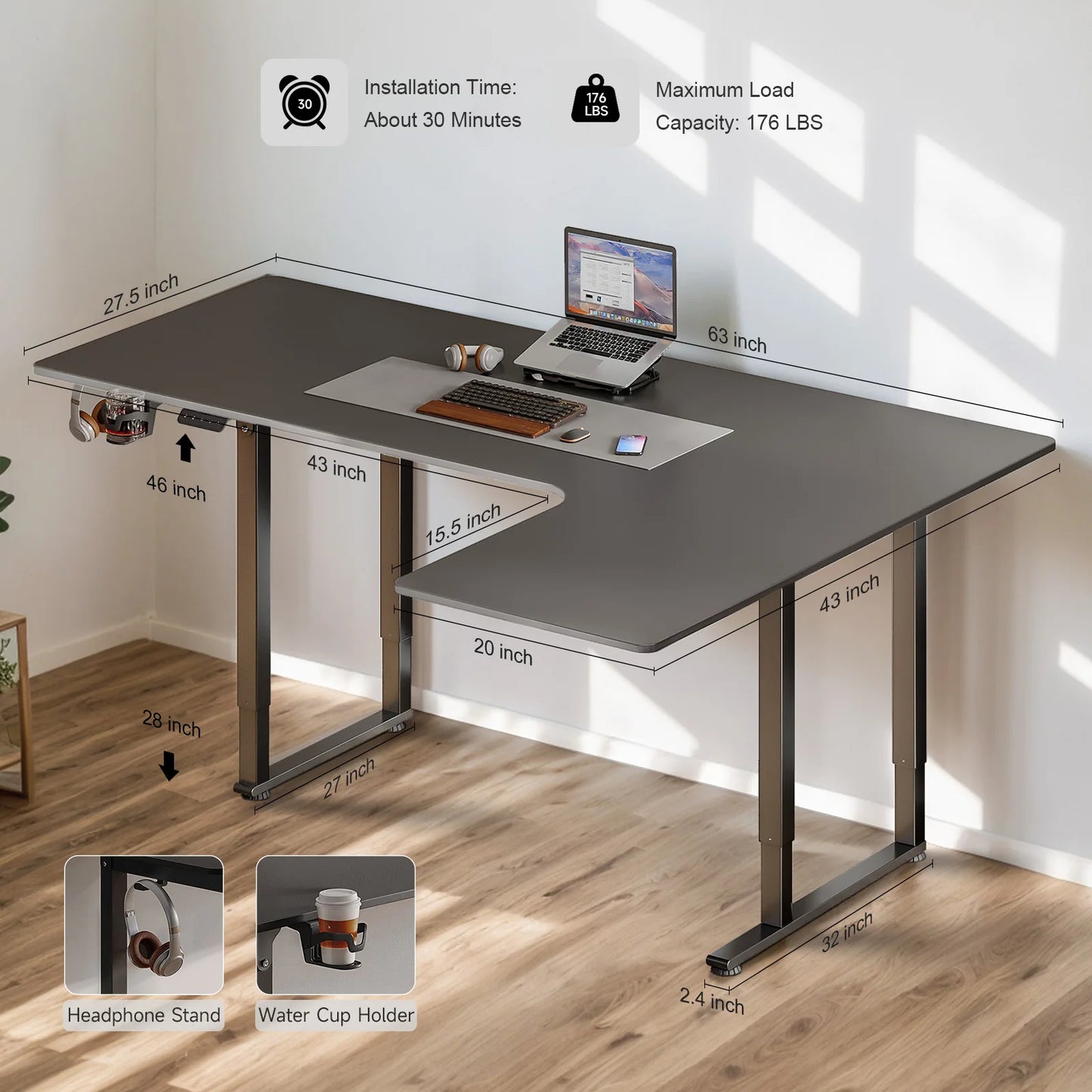 L Shaped Standing Desk, 63/71x43 Inches Electric Stand Up Desk with Dual Motor & Memory Controller, Desk with Adjustable Height