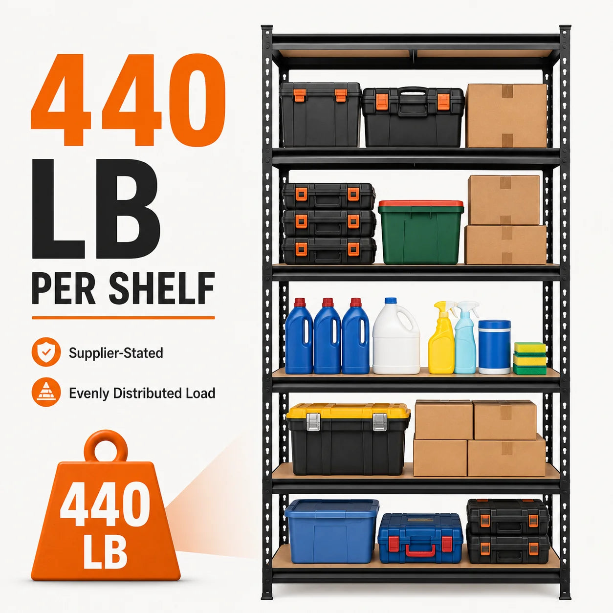 27.6'W X 60'H 5-Tier Garage Shelving Unit, 2200 LBS Heavy Duty Storage Shelves, Metal Rack with MDF Board, Screw Assembly Adjustable Utility Organizer for Basement Pantry Kitchen Laundry Closet, 440 LBS Load Per Shelf, 1 or 2