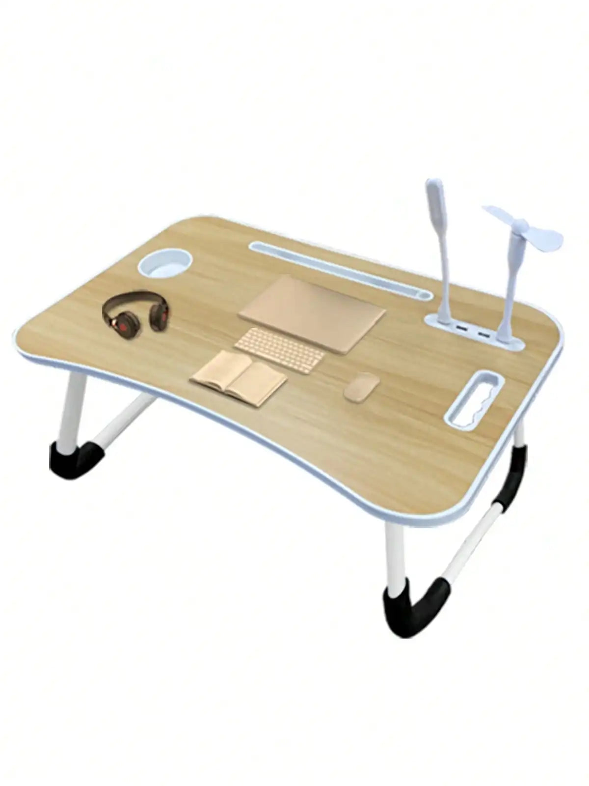 Large Laptop Bed Desk with Cup Holder & USB Fan/Light - Portable Folding Table for Eating, Reading, Sofa, Stable Tray