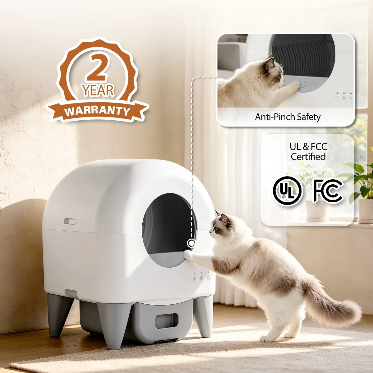 95L Automatic Smart Cat Litter Box Self Cleaning Fully Enclosed Cat Litter Box Toilet Litter Tray with 2 Free Trash Bag Rolls