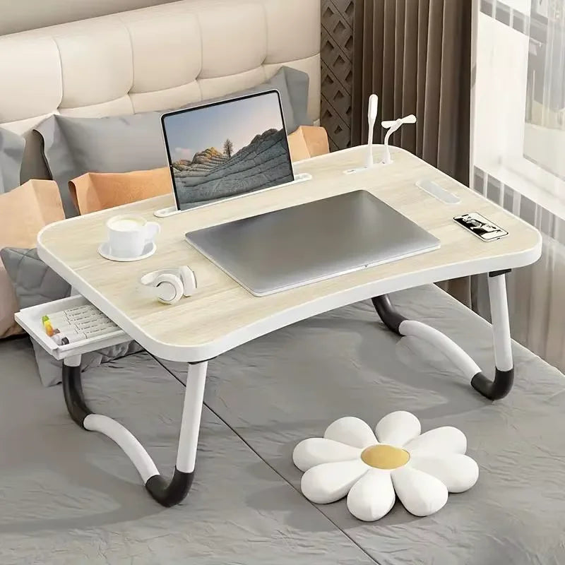 Large Laptop Bed Desk with Cup Holder & USB Fan/Light - Portable Folding Table for Eating, Reading, Sofa, Stable Tray