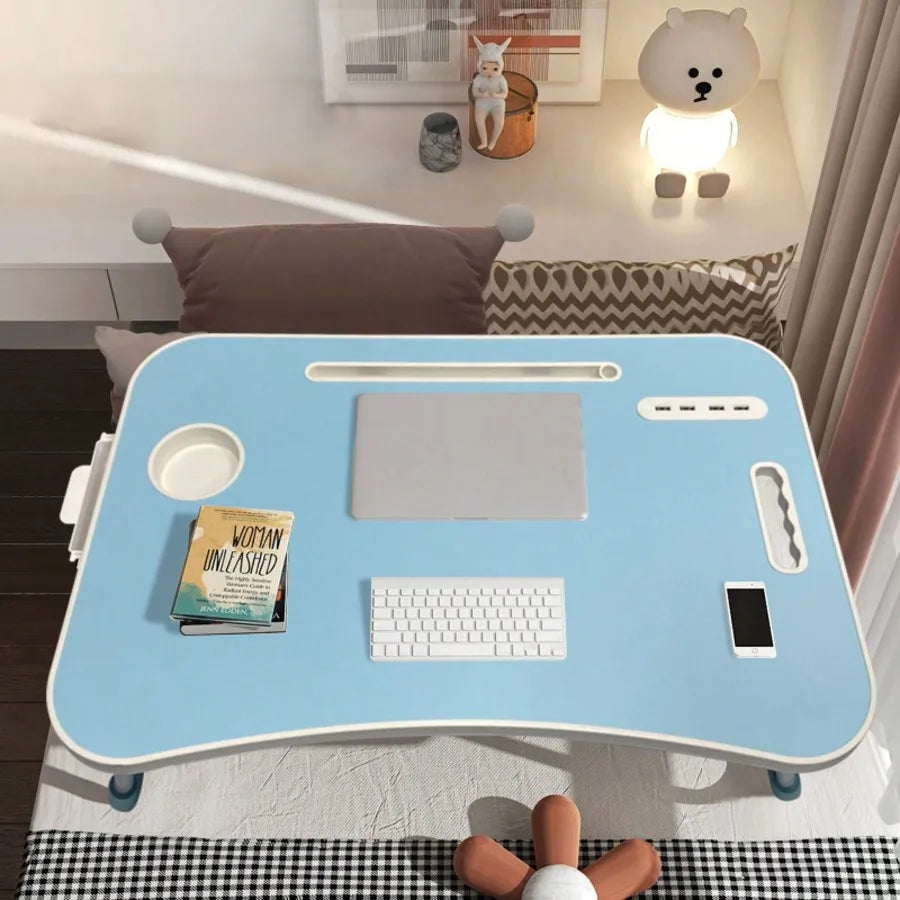 Large Laptop Bed Desk with Cup Holder & USB Fan/Light - Portable Folding Table for Eating, Reading, Sofa, Stable Tray