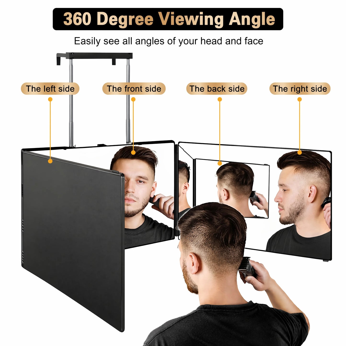 The 360 Mirror - 3 Way Mirror for Self Hair Cutting - Adjustable Trifold Barber Miror to Cut Your Own Hair - Tri Fold Self Haircut System for Men and Women Braiding