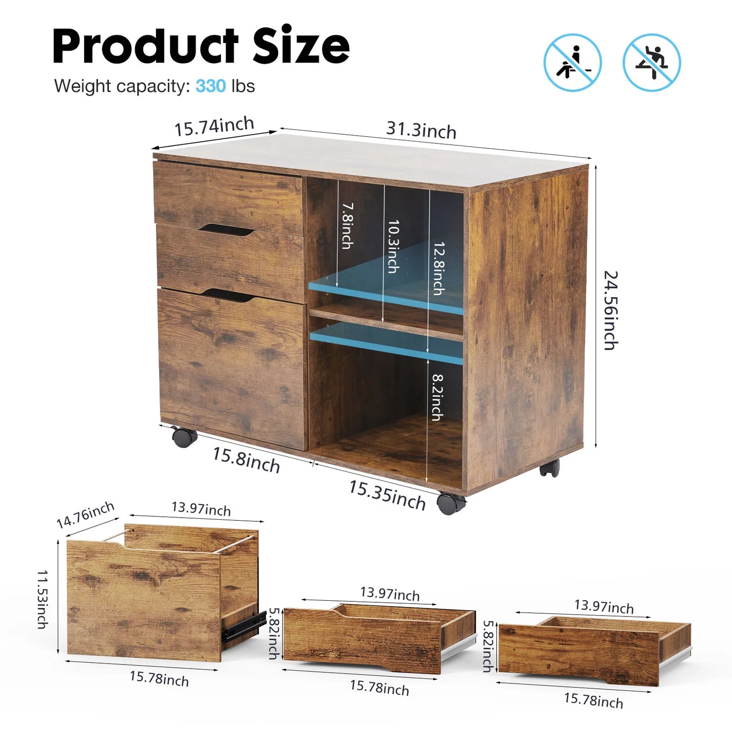 MCQ Living Room 3 Drawers Wooden Mobile Cabinet Chest Dressers Nightstand Storage Cabinet Organizer Rolling Display Furniture