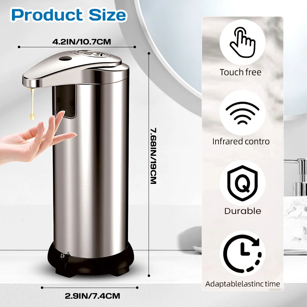Touchless Automatic Soap Dispenser 304 Stainless Steel Infrared Sensor Liquid Dispenser Adjustable Soap Output Anti Bacterial for Bathroom Kitchen Hotel Home