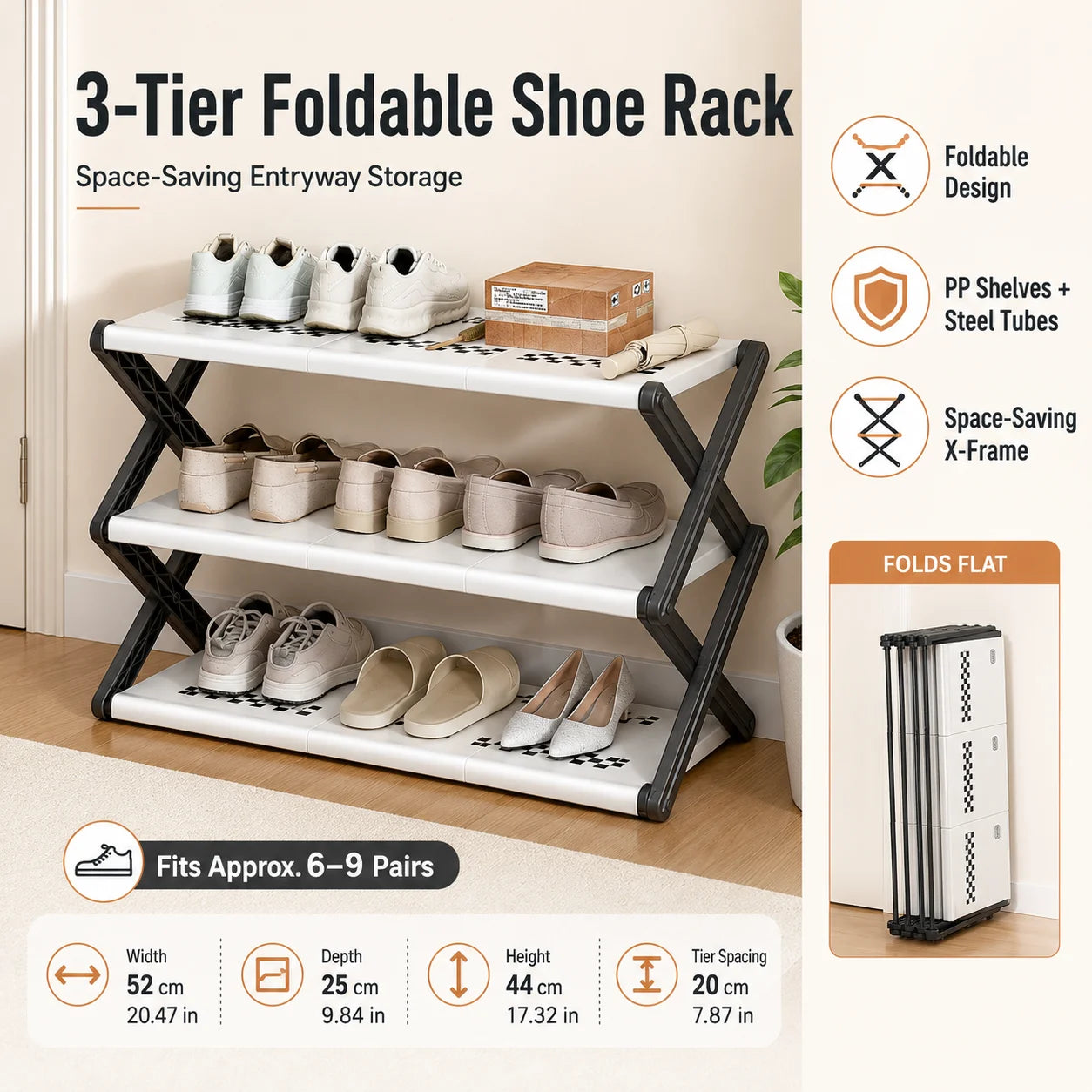 Joybos Foldable Shoe Rack, Space-Saving Entryway Shoe Organizer with Stable X-Frame, PP Shelves & Steel Tubes, No Assembly Needed