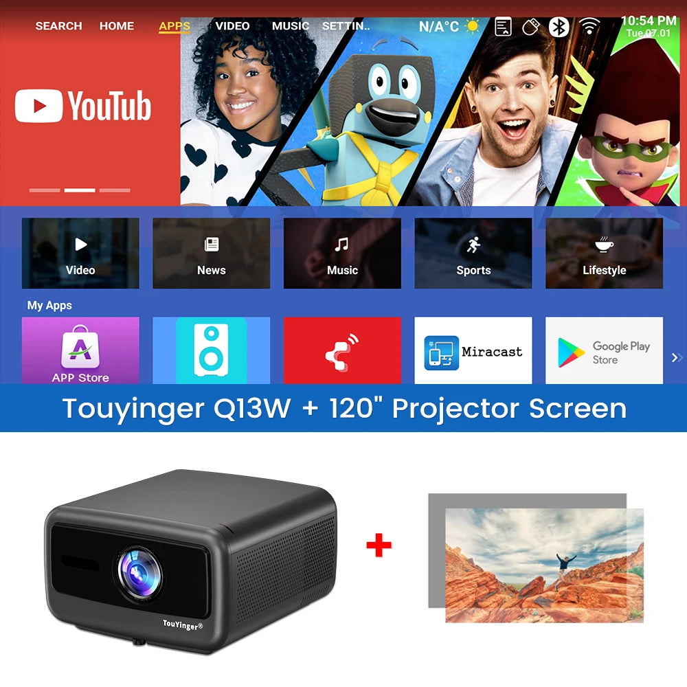 Touyinger Q13W 3800ANSI Full HD 4K Decoder Android 15 Support MEMC Smart TV Home Theater Fully Sealed Optical Projector