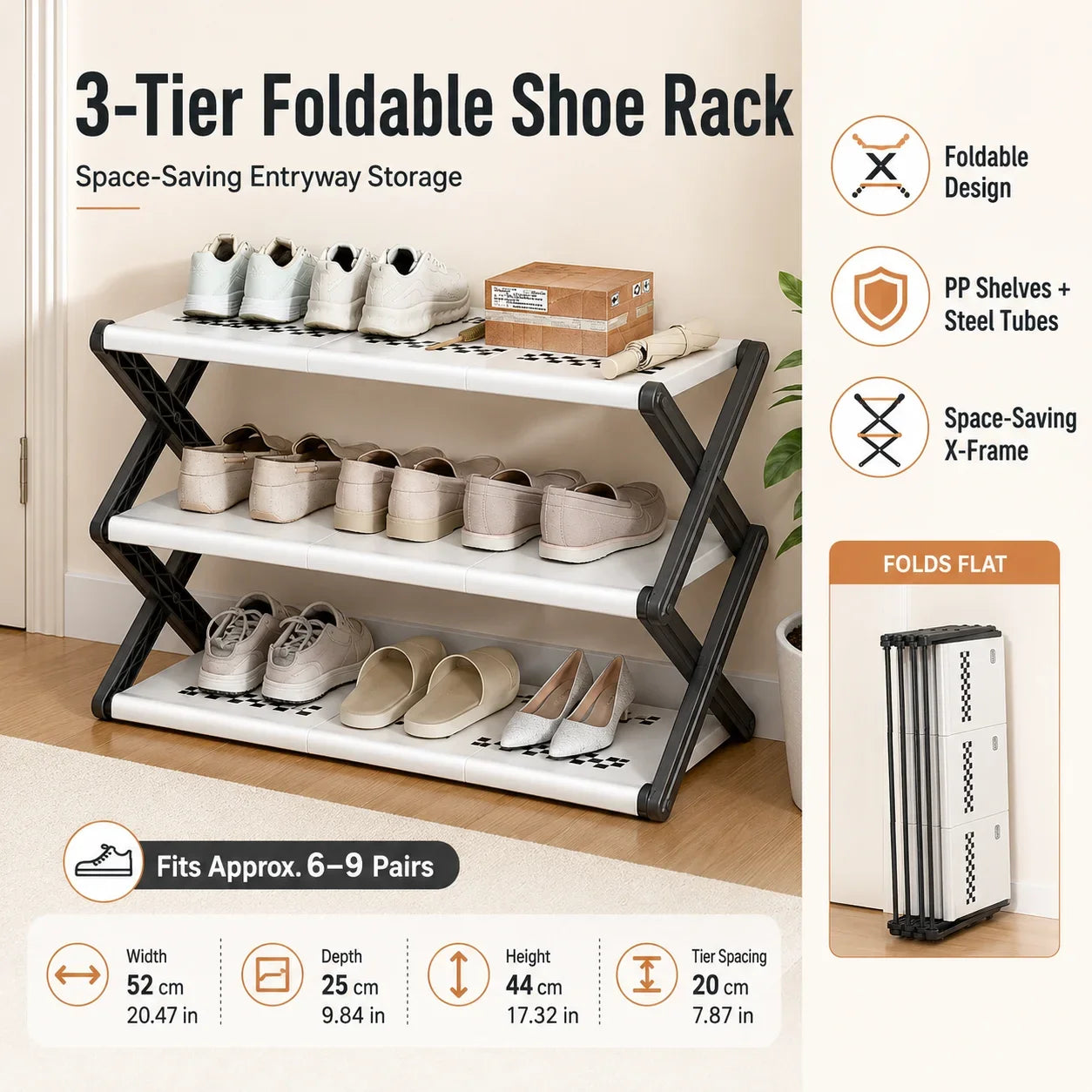 Joybos Foldable Shoe Rack, Space-Saving Entryway Shoe Organizer with Stable X-Frame, PP Shelves & Steel Tubes, No Assembly Needed