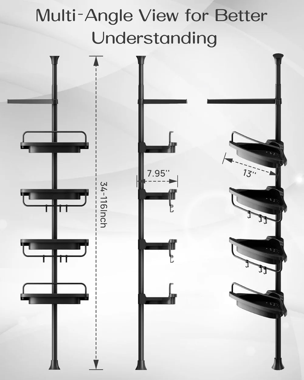 Corner Shower Caddy Tension Pole, 34-116 Inches, Rustproof Stainless Steel & 4-Tier Adjustable Shelves, Black