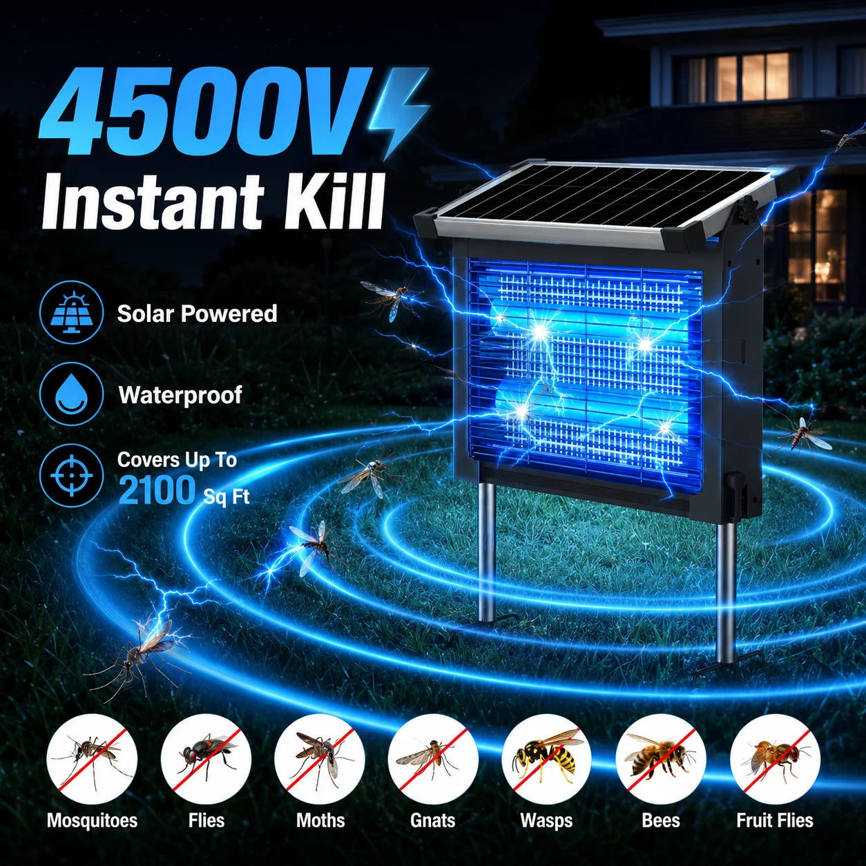 Solar Bug Zapper Outdoor Waterproof 4500V Mosquito Killer