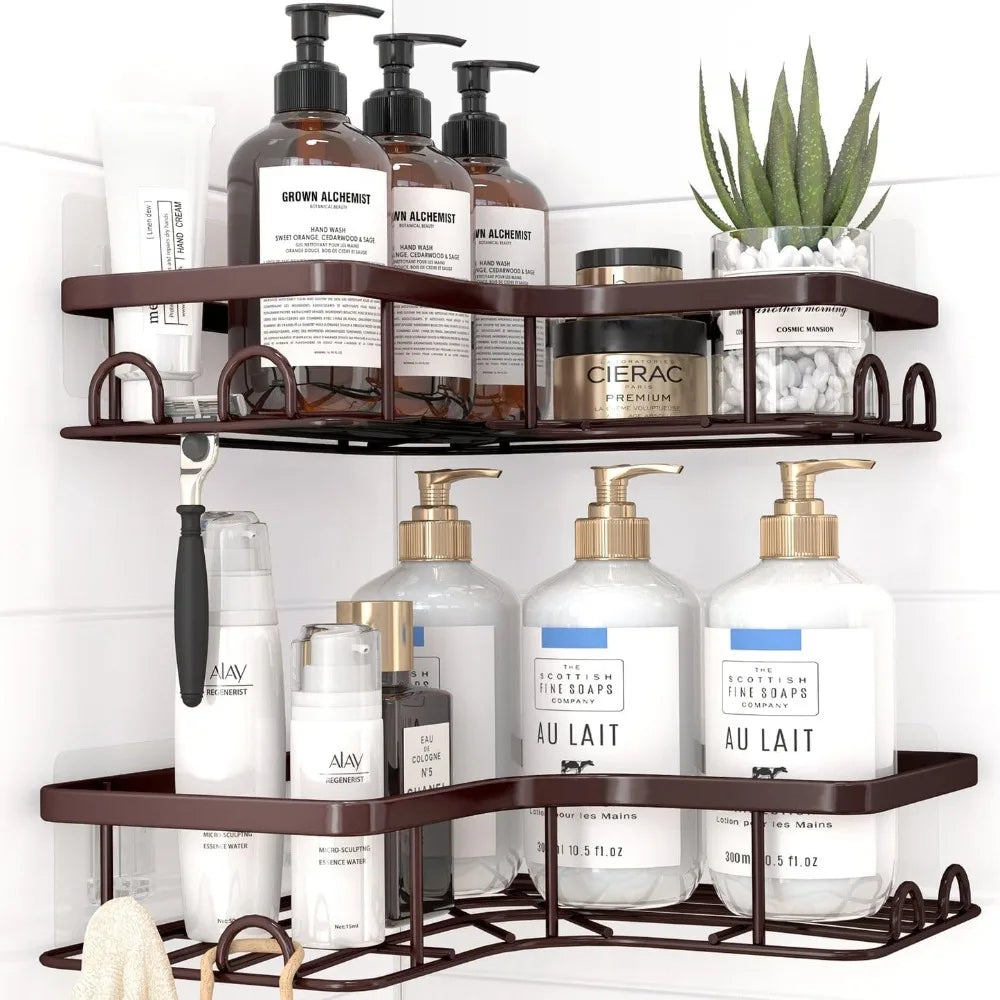 2-Pack Corner Shower Caddy, Adhesive Shelves, Rustproof Stainless Steel with 8 Hooks, No Drilling, X-Large, Silver