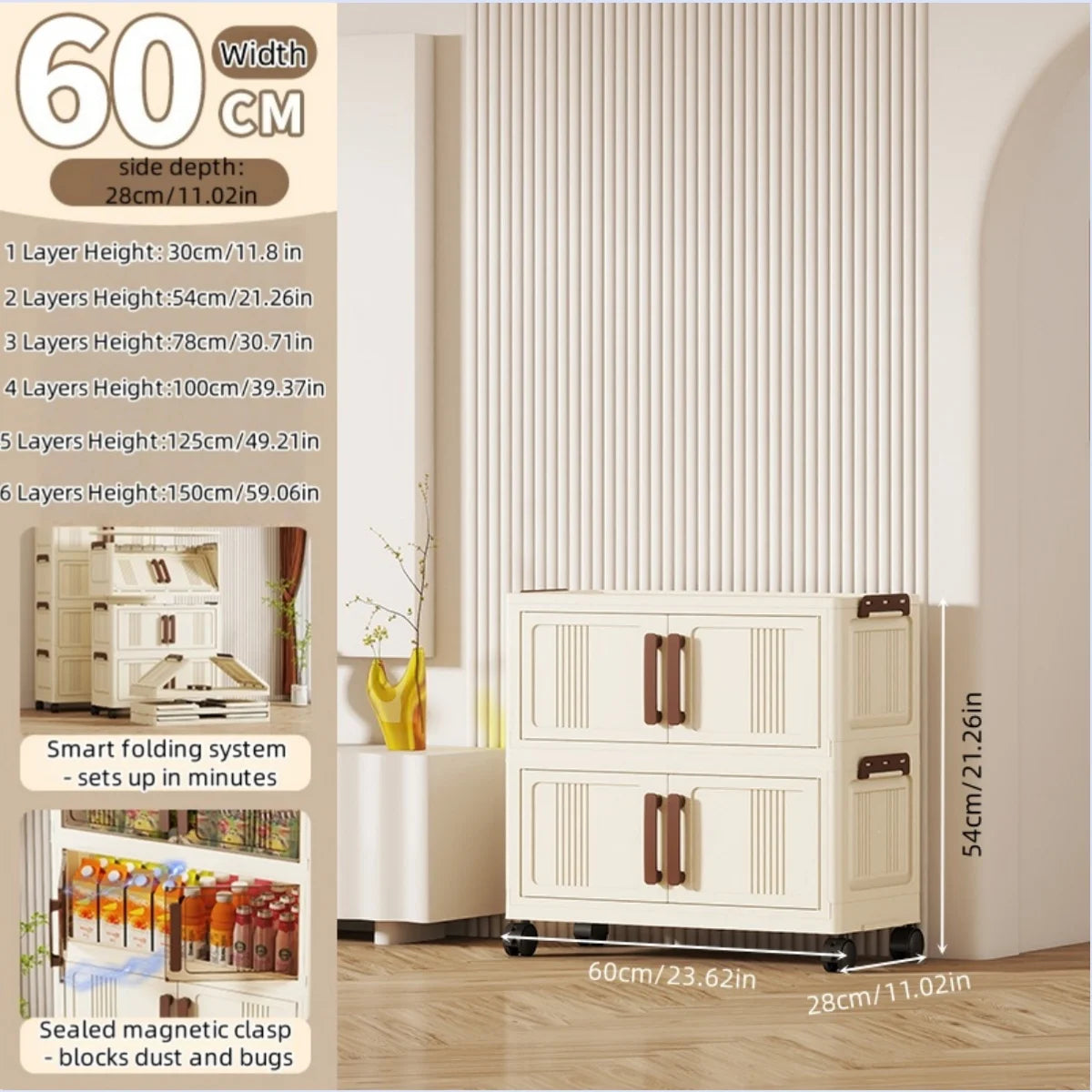 Foldable storage cabinet - movable multi-level double-door storage cabinet - living room and kitchen transparent storage box