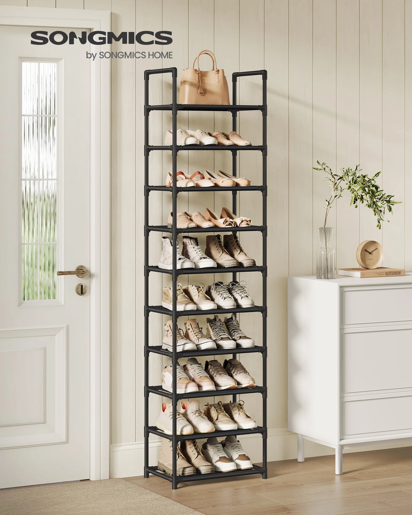 SONGMICS Shoe Rack, 10-Tier Shoe Shelf, Shoe Storage Organizer, 11 x 17.7 x 68 Inches, Metal Frame, Non-Woven Fabric Shelves, fo