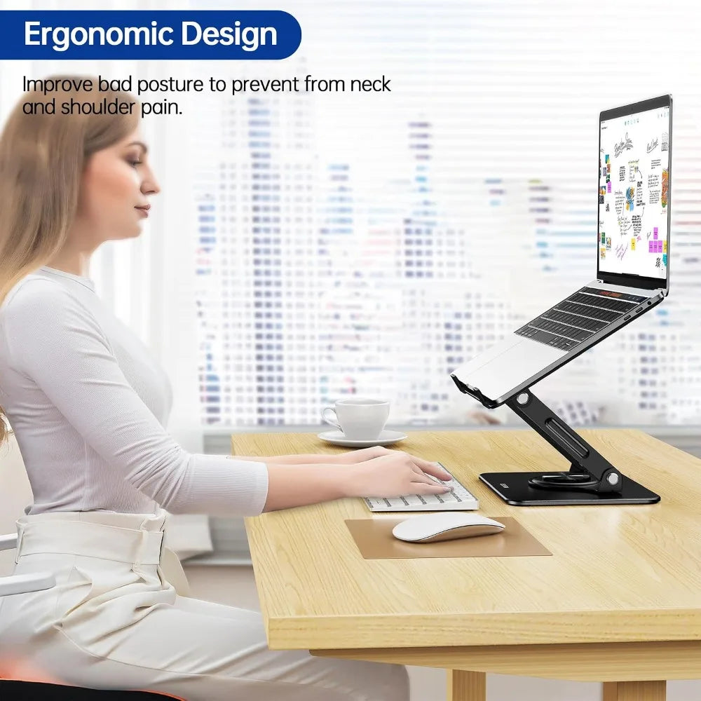 360° Rotating Laptop Stand, Ergonomic Adjustable Notebook Riser, Foldable Holder for 10-14" Laptops, Black