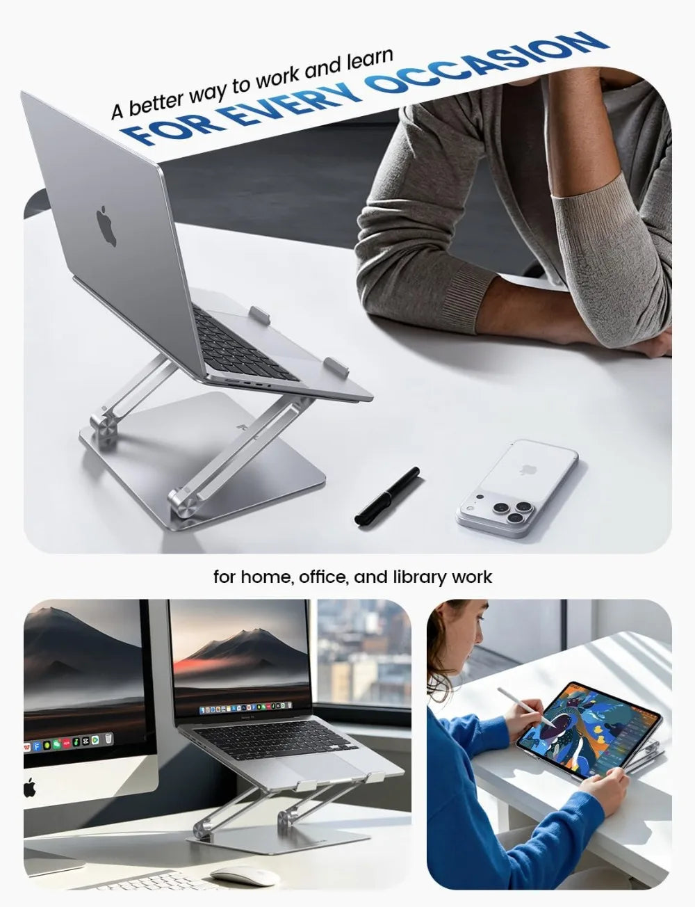 Adjustable Laptop Stand, Portable Laptop Riser, Aluminum Ergonomic Notebook Holder for Desk, Foldable for MacBook Air Pro HP, 10-17.3 inch - Silver