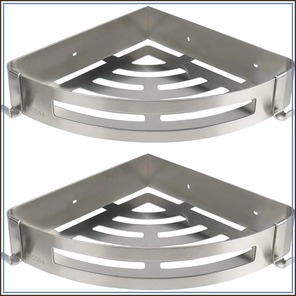 2-Pack Shower Caddy, 304 Stainless Steel Corner Shelf with Hooks, No Drill, Brushed Nickel
