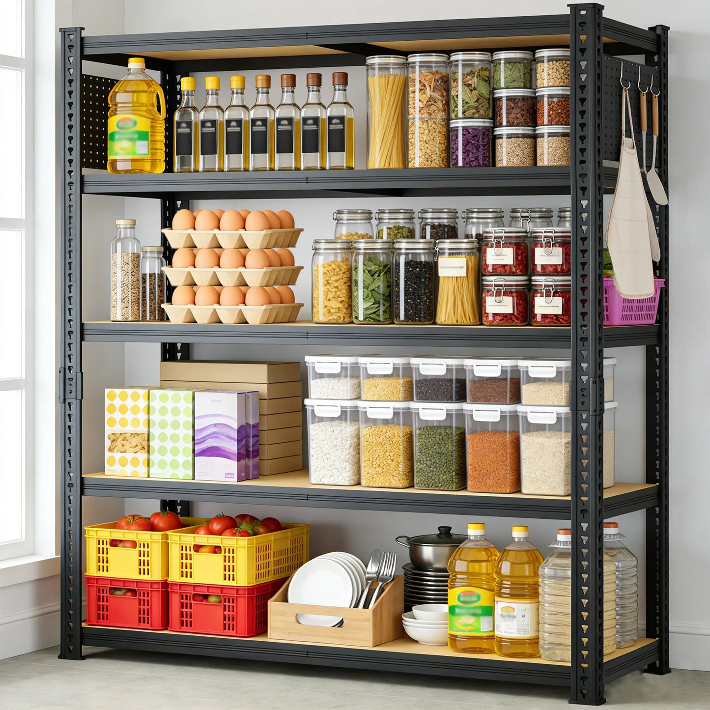 Heavy-Duty 5-Tier Adjustable Metal Shelving Unit with Pegboard Panel System - Capacity Suitable for Basement, Garage, Warehouse