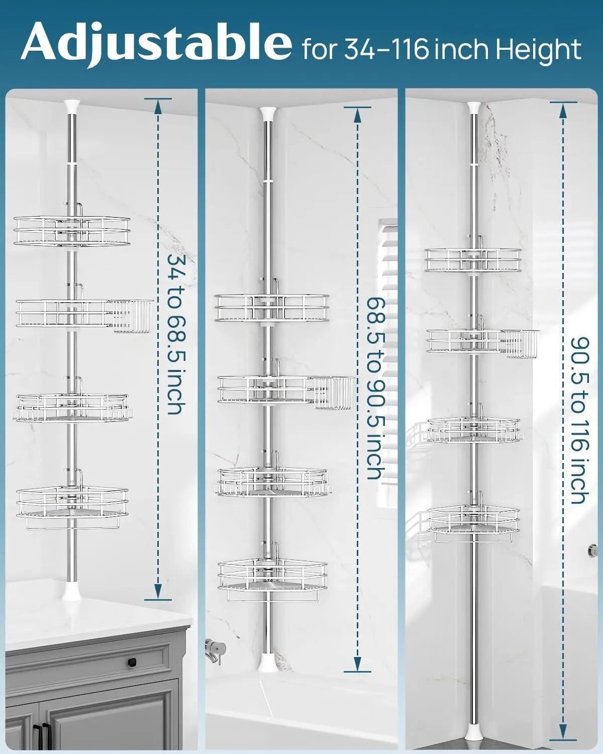 Corner Shower Caddy Tension Pole, Quick Setup Rust-Free Organizer for Bathroom Shampoo Storage, 4-Tier Adjustable Shelf Drill