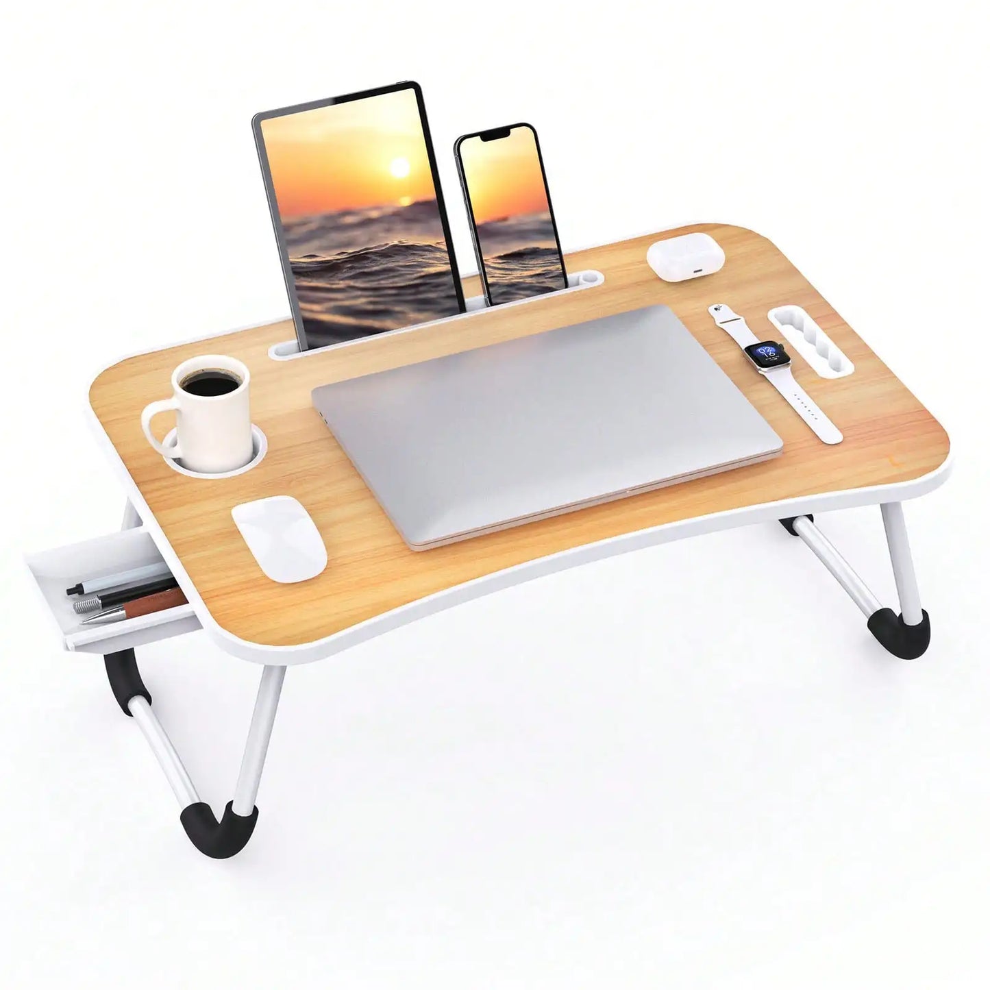Folding Laptop Lap Desk With Side Storage Drawer Portable Ergonomic Bed Tray Lightweight Lap Table For Bedroom Study Reading Breakfast Outdoor Picnic Indoor Office Multi Purpose Use