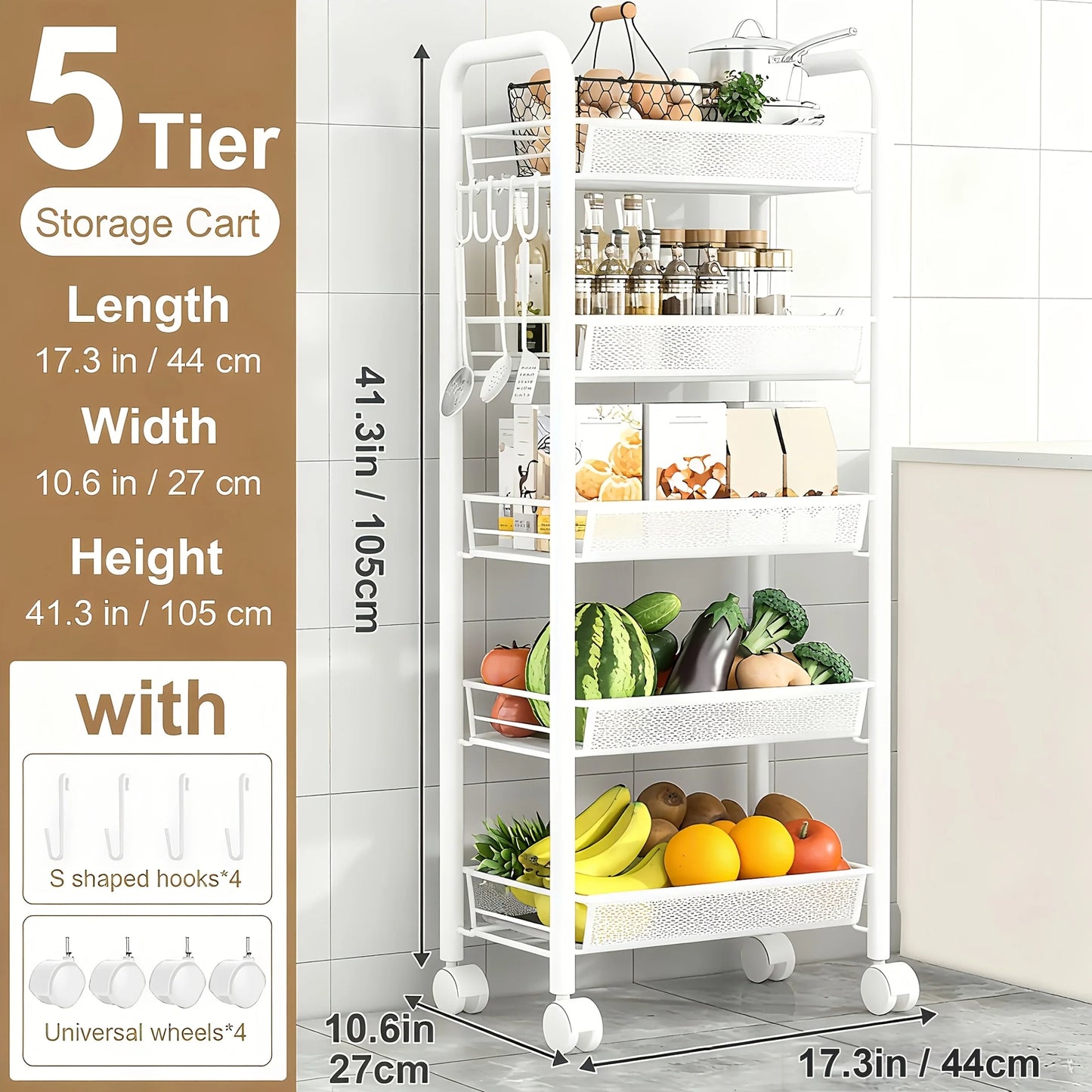 Cart With Drain Basket, Mobile Shelving Unit Rolling Utility Cart, Rolling Cart, Rolling Pantry Organizers, Kitchen Organizer,