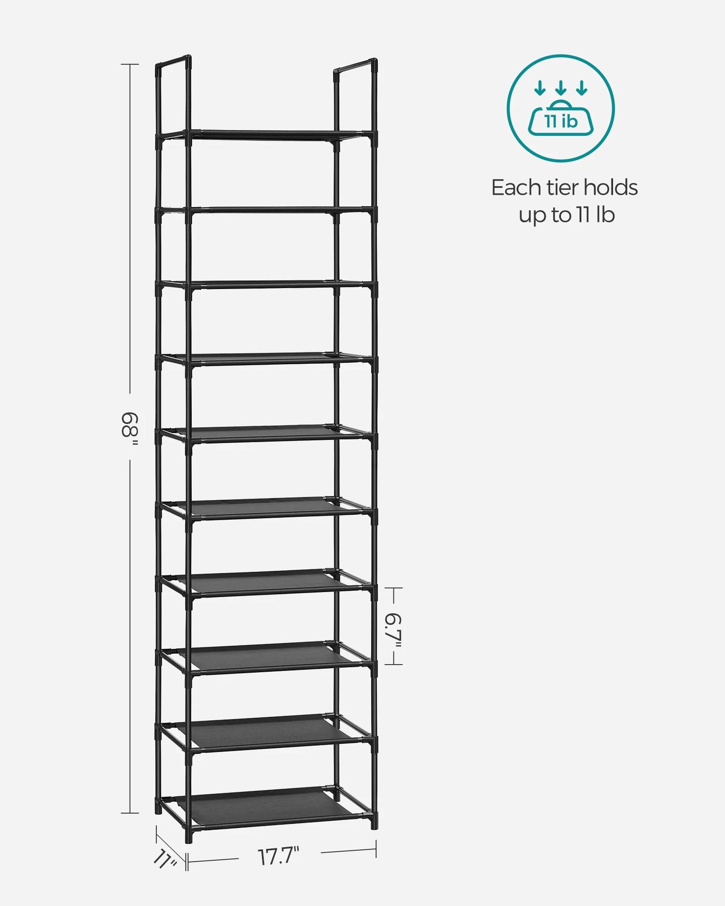 SONGMICS Shoe Rack, 10-Tier Shoe Shelf, Shoe Storage Organizer, 11 x 17.7 x 68 Inches, Metal Frame, Non-Woven Fabric Shelves, fo