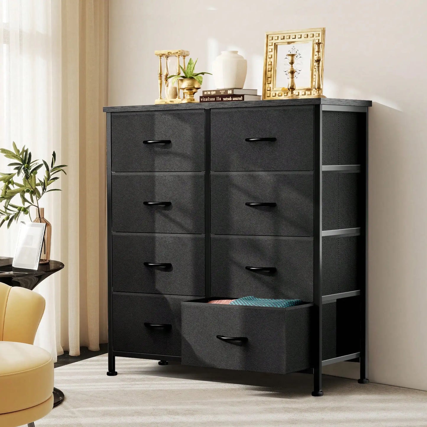 Dresser For Bedroom, Dressers & Chests Of Drawers Dresser Organizer, Wood Top Table Furniture With 8 Fabric Storage Tower