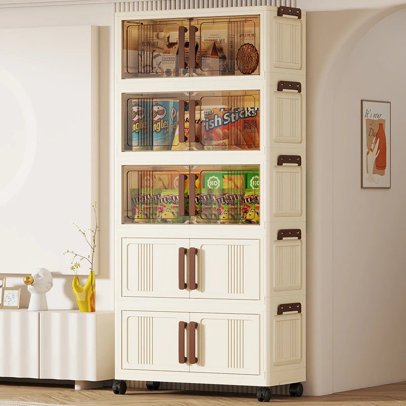 Foldable storage cabinet - movable multi-level double-door storage cabinet - living room and kitchen transparent storage box