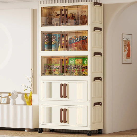 Foldable storage cabinet - movable multi-level double-door storage cabinet - living room and kitchen transparent storage box