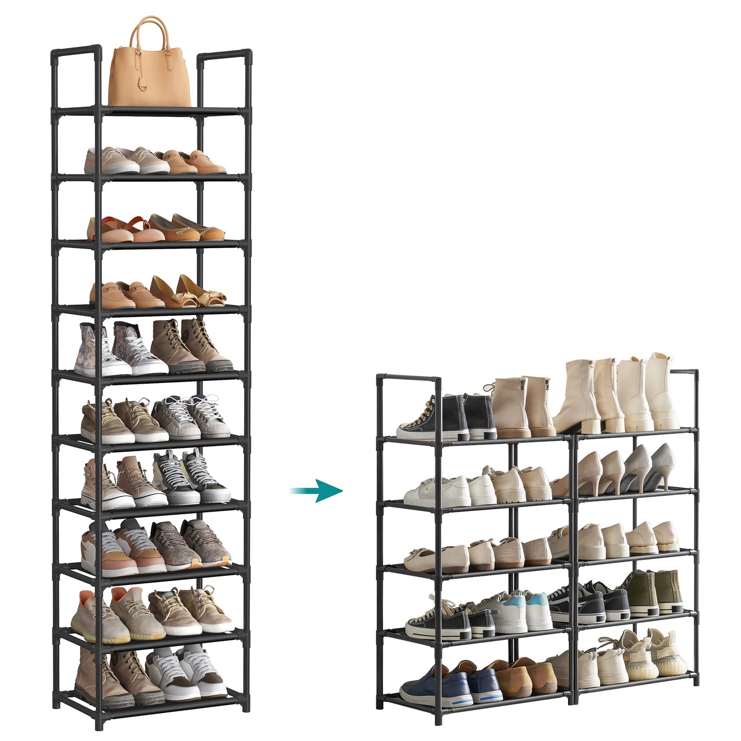 SONGMICS Shoe Rack, 10-Tier Shoe Shelf, Shoe Storage Organizer, 11 x 17.7 x 68 Inches, Metal Frame, Non-Woven Fabric Shelves, fo