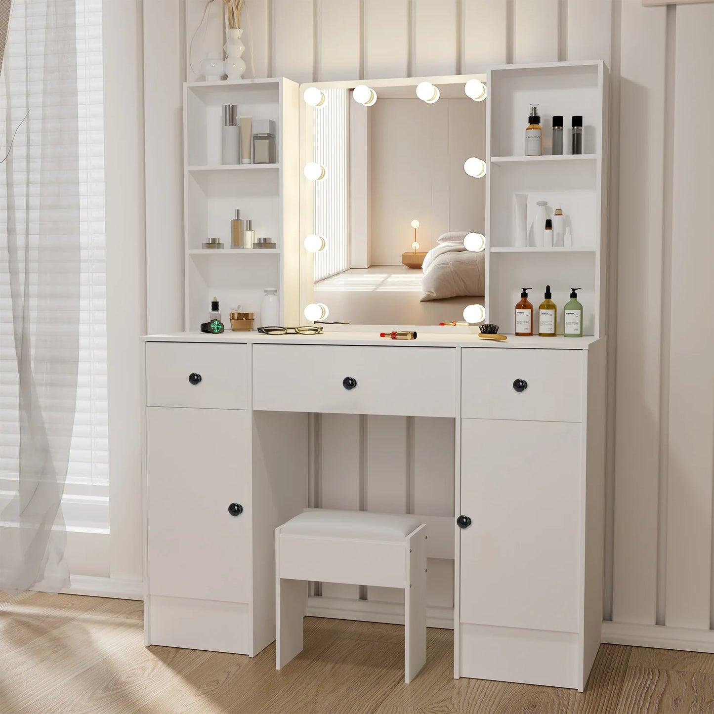 Modern LED Vanity Table Set with Mirror & Stool 3 Color Dimmable Makeup Cabinet 3 Drawer Storage Dresser Desk for Bedroom