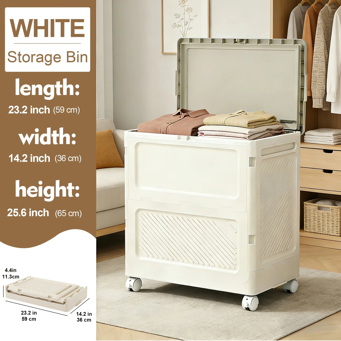 White Foldable Storage Bin with Wheels, Large Capacity Stackable Storage Box with Lid for Clothes, Toys, Blankets