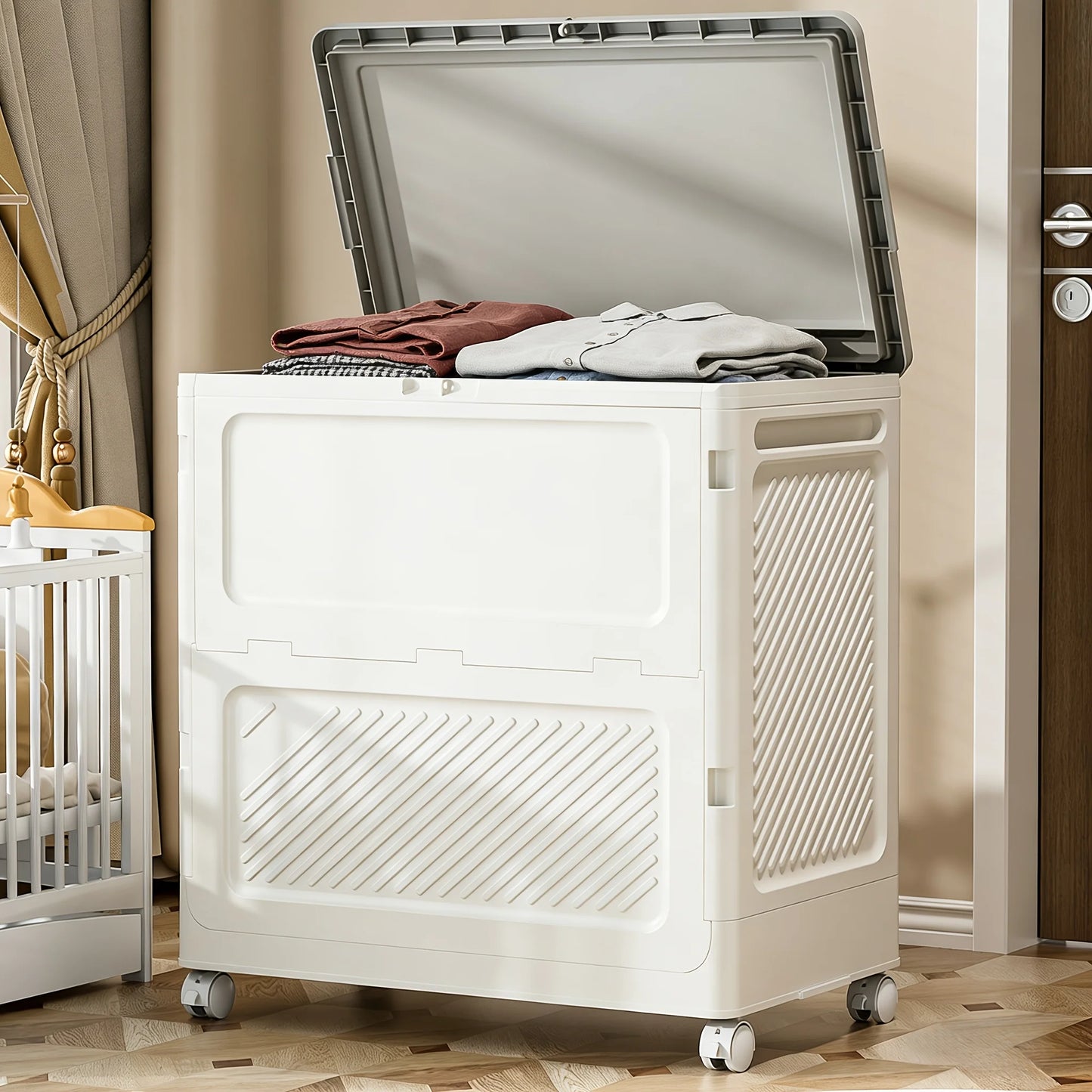 White Foldable Storage Bin with Wheels, Large Capacity Stackable Storage Box with Lid for Clothes, Toys, Blankets