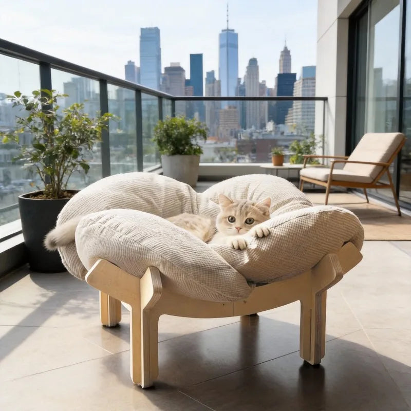 Three-Color Wooden High Leg Cat Bed With Soft Cushion