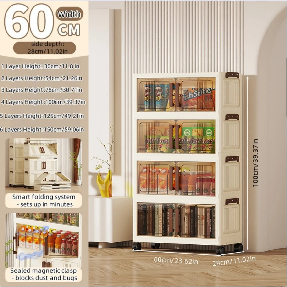 Foldable storage cabinet - movable multi-level double-door storage cabinet - living room and kitchen transparent storage box