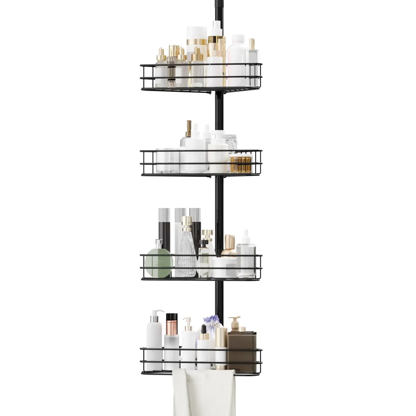 76 in-110 in Adjustable Bathroom Organizer Shelves, 4-Tier Bathroom Shelves with Built-In Towel Bars to Space-Saving, Black
