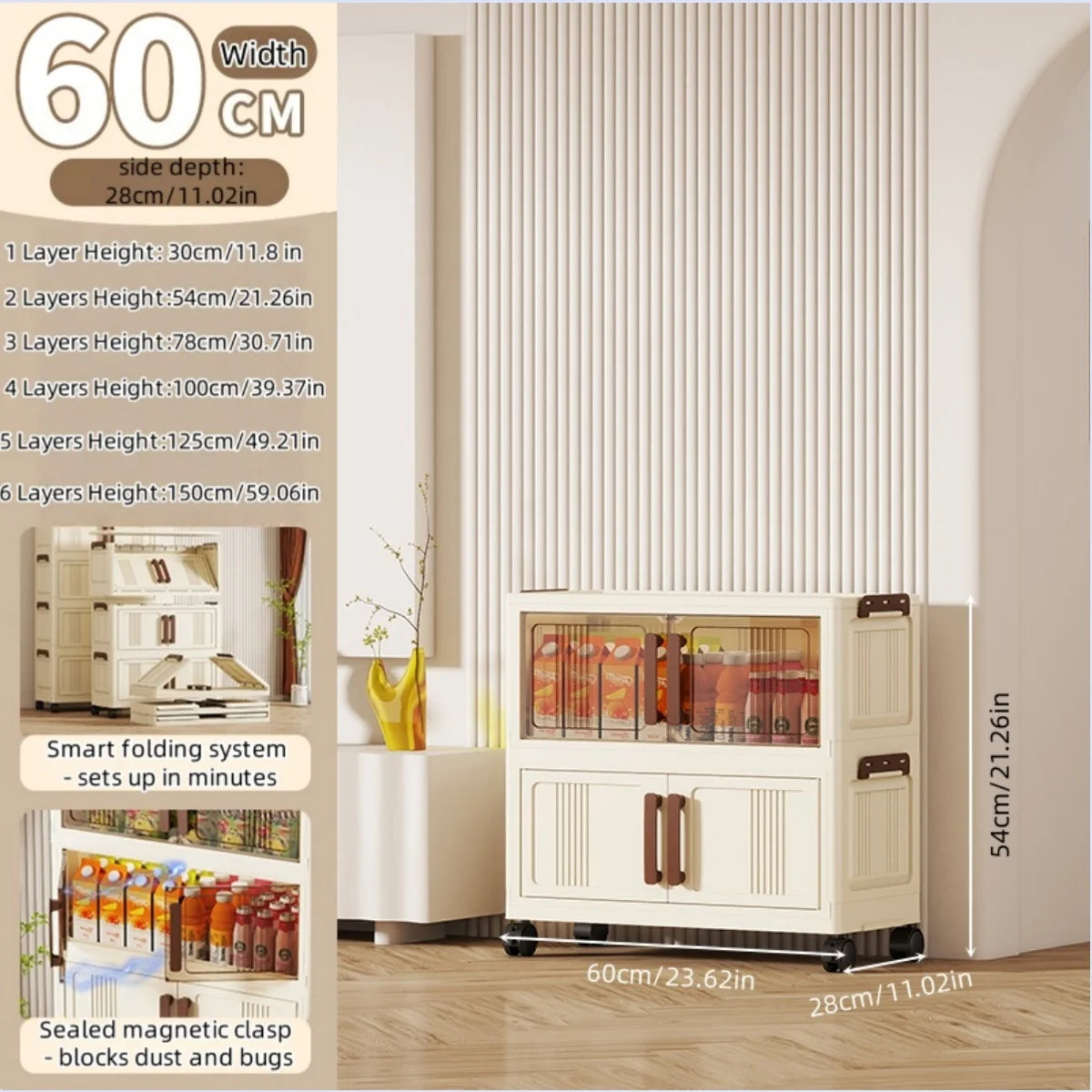 Foldable storage cabinet - movable multi-level double-door storage cabinet - living room and kitchen transparent storage box