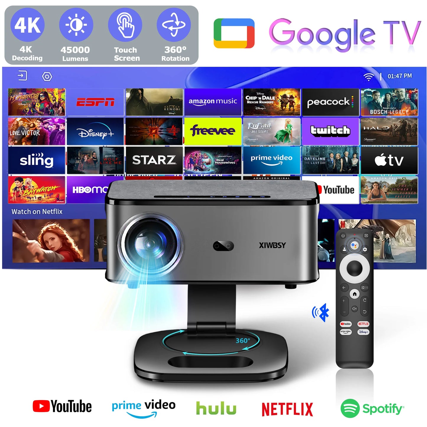 XIWBSY 45000Lumens Google TV Projector Portable Projector 4K Android 14.0 Daylight Projector 8K Video Home Theater  Projector