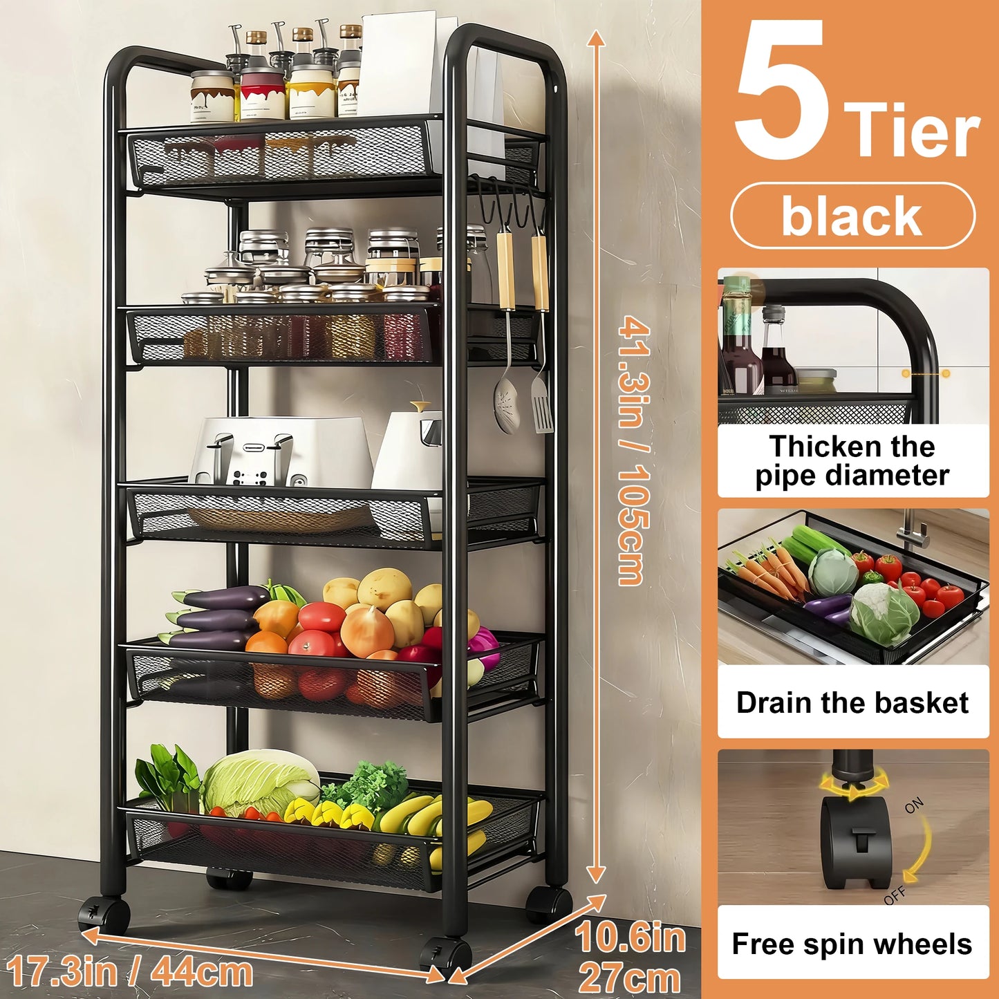 Cart With Drain Basket, Mobile Shelving Unit Rolling Utility Cart, Rolling Cart, Rolling Pantry Organizers, Kitchen Organizer,