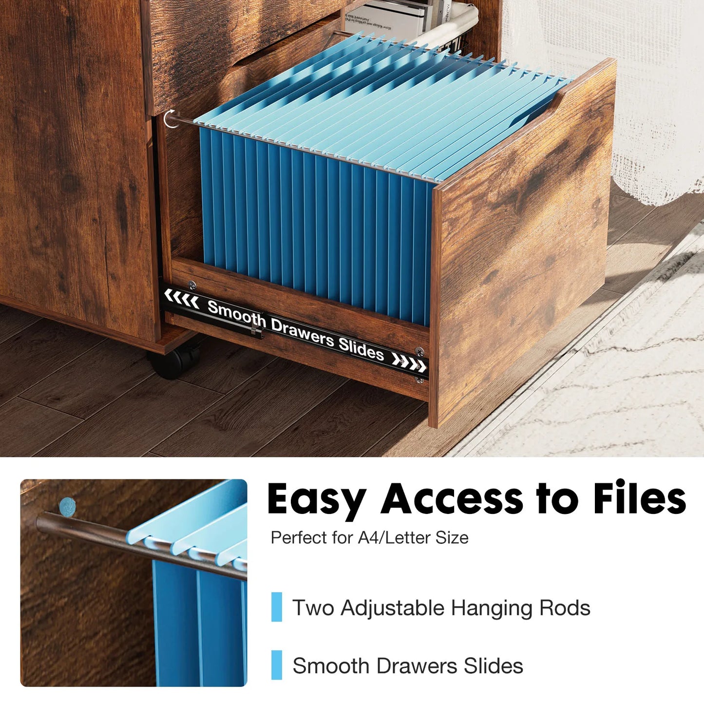 MCQ Living Room 3 Drawers Wooden Mobile Cabinet Chest Dressers Nightstand Storage Cabinet Organizer Rolling Display Furniture