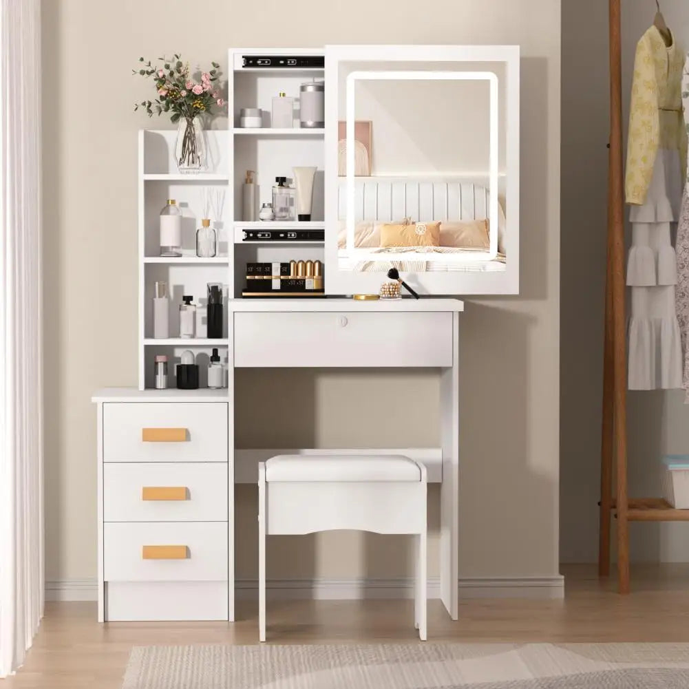 Vanity Desk with Sliding Mirror and Lights, Bedroom Dressing Table, Makeup Table with Drawers & Shelves, Hidden Storage Space