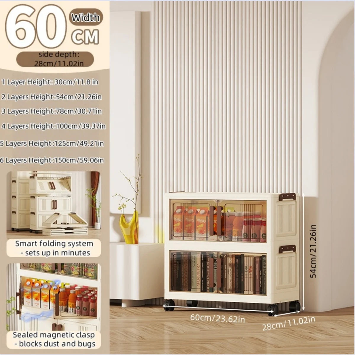 Foldable storage cabinet - movable multi-level double-door storage cabinet - living room and kitchen transparent storage box