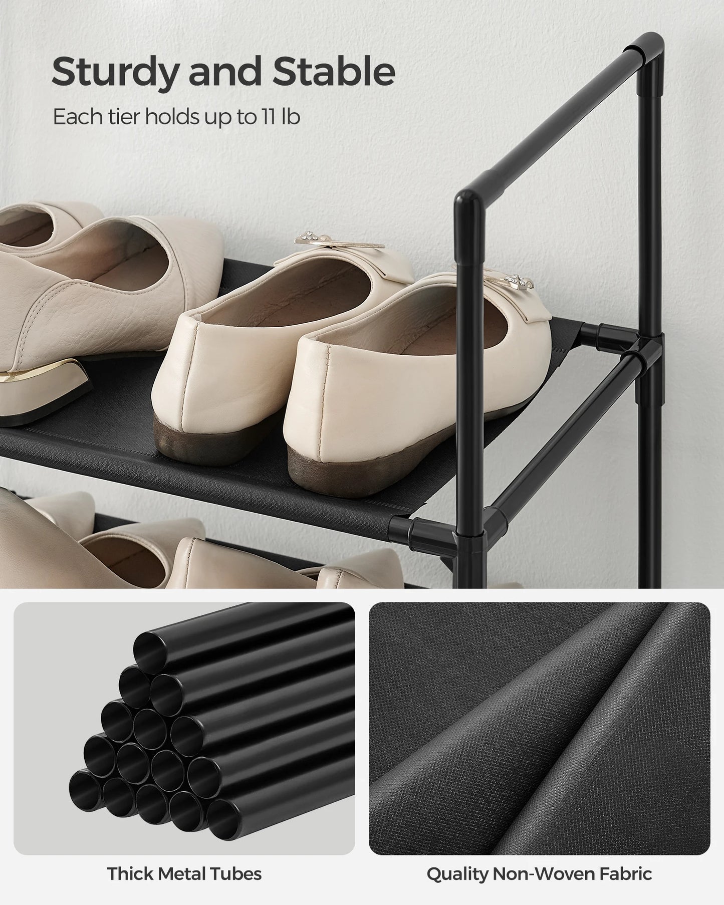 SONGMICS Shoe Rack, 10-Tier Shoe Shelf, Shoe Storage Organizer, 11 x 17.7 x 68 Inches, Metal Frame, Non-Woven Fabric Shelves, fo