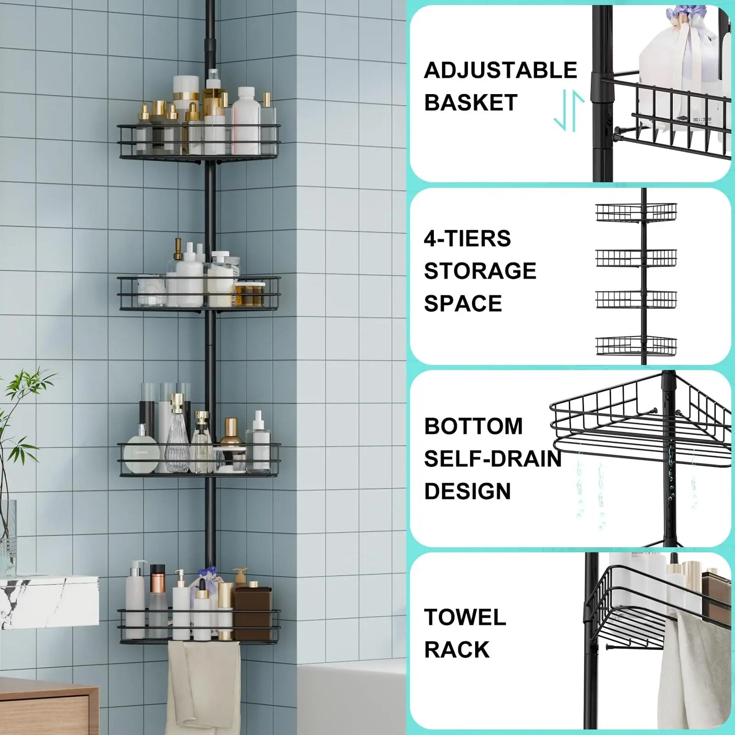 76 in-110 in Adjustable Bathroom Organizer Shelves, 4-Tier Bathroom Shelves with Built-In Towel Bars to Space-Saving, Black