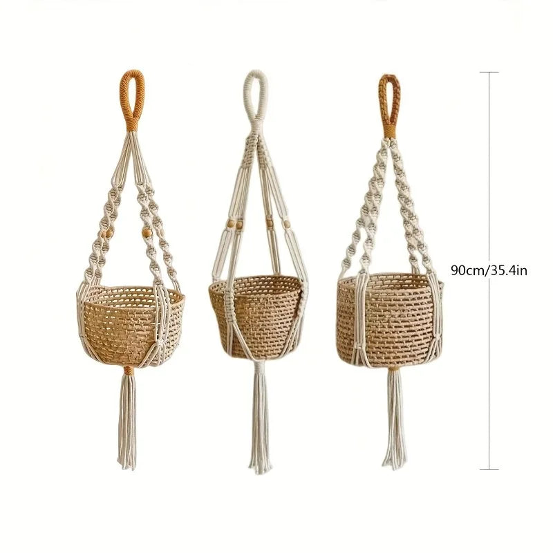 Bohemian Macrame Hanging Planter Basket Storage Net Handwoven Cotton Rope Wall Decor for Plants Garden Wall Net Bag